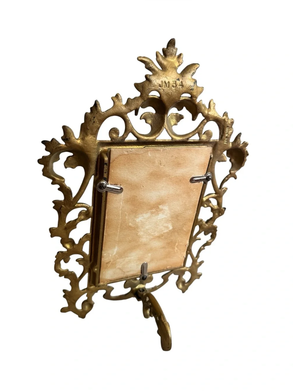 Antique Victorian Gold Cast Iron Ornate Filigree Picture Frame on Stand
